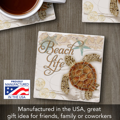 Thirstystone Beach Life Turtle Single Tumbled Tile Stone Coaster with Protective Cork Backing Manufactured in The USA 4" Square, Colorful, Artistiic, Easily Wipes Clean