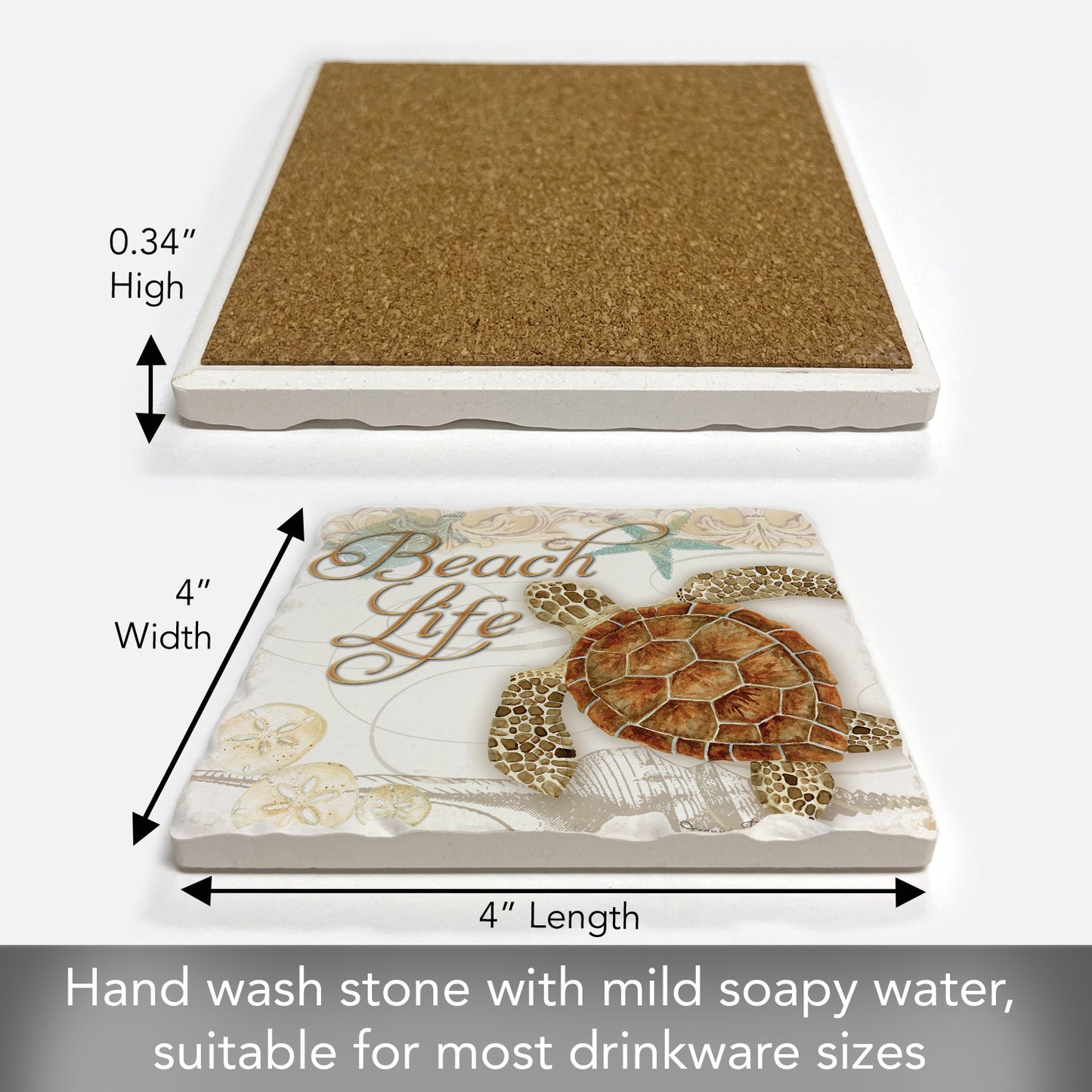 Thirstystone Beach Life Turtle Single Tumbled Tile Stone Coaster with Protective Cork Backing Manufactured in The USA 4" Square, Colorful, Artistiic, Easily Wipes Clean