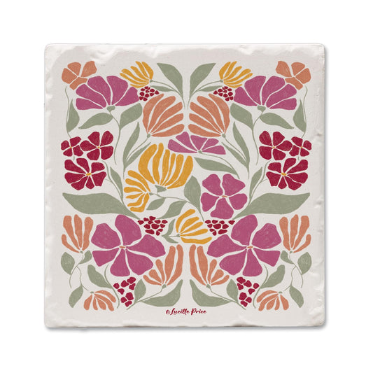 Thirstystone Floral Melody Single Tumbled Tile Stone Coaster with Protective Cork Backing Manufactured in The USA 4" Square, Colorful, Artistiic, Easily Wipes Clean