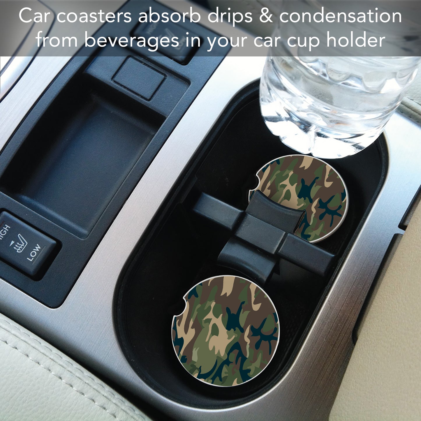 CounterArt Green Camouflage Single Absorbnent Stone Coaster for Vehicle Cup Holder 2.6” Diameter Manufactured in The USA