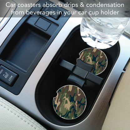 CounterArt Green Camouflage Single Absorbnent Stone Coaster for Vehicle Cup Holder 2.6” Diameter Manufactured in The USA