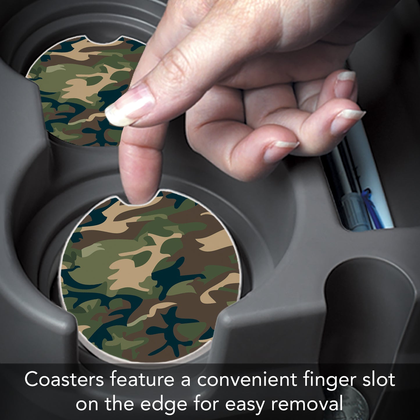 CounterArt Green Camouflage Single Absorbnent Stone Coaster for Vehicle Cup Holder 2.6” Diameter Manufactured in The USA