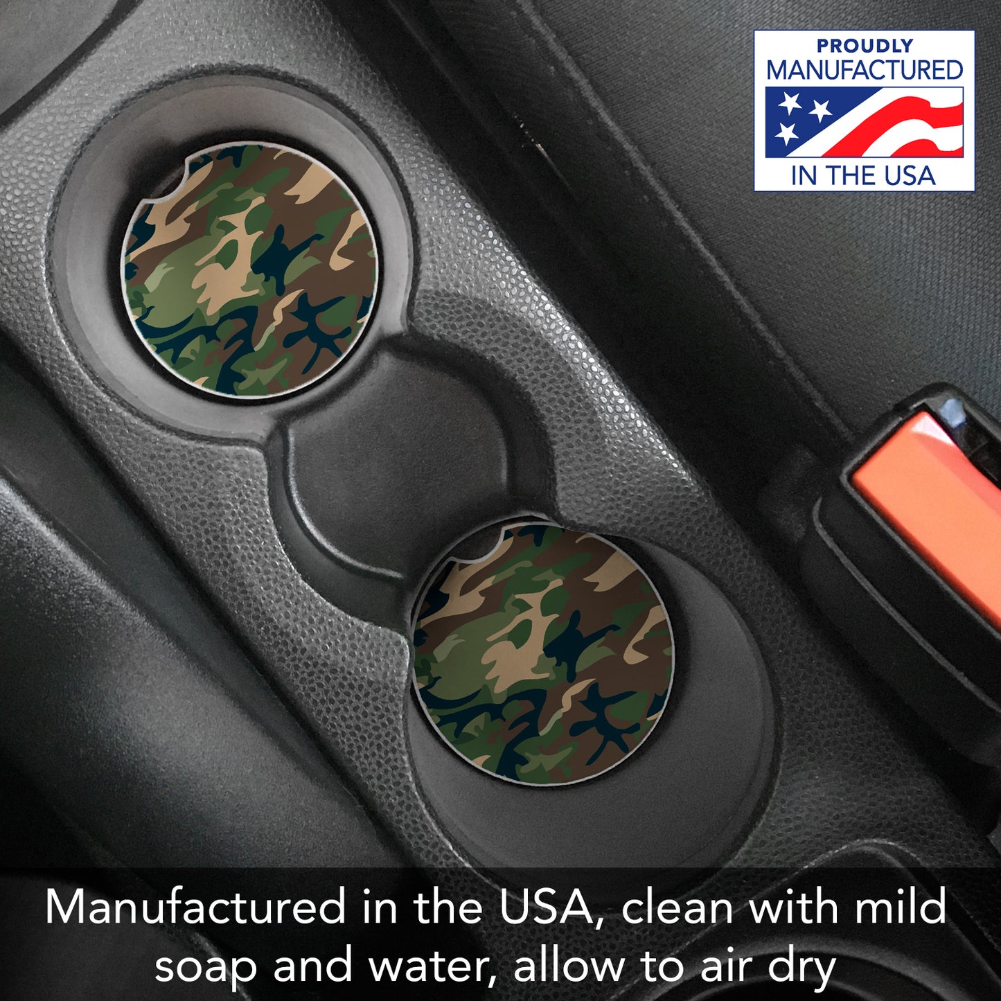 CounterArt Green Camouflage Single Absorbnent Stone Coaster for Vehicle Cup Holder 2.6” Diameter Manufactured in The USA