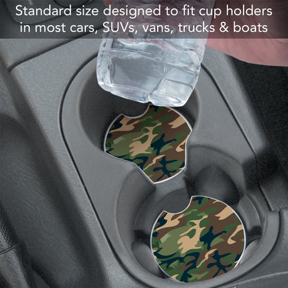 CounterArt Green Camouflage Single Absorbnent Stone Coaster for Vehicle Cup Holder 2.6” Diameter Manufactured in The USA