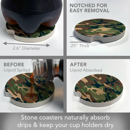 CounterArt Green Camouflage Single Absorbnent Stone Coaster for Vehicle Cup Holder 2.6” Diameter Manufactured in The USA