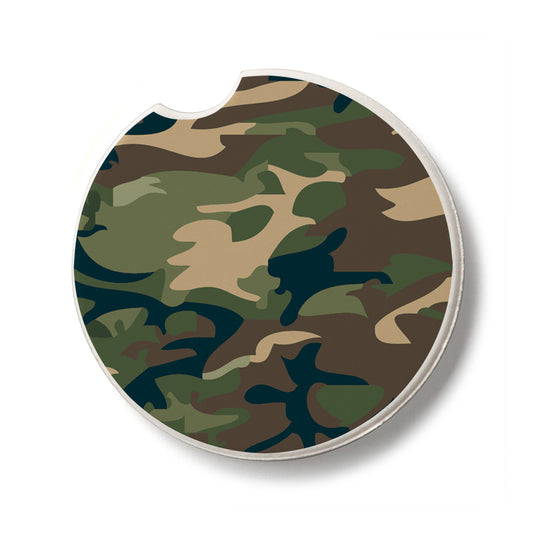 Green Camouflage Single Absorbent Stone Car Coaster 2.6” Diameter Manufactured in the USA