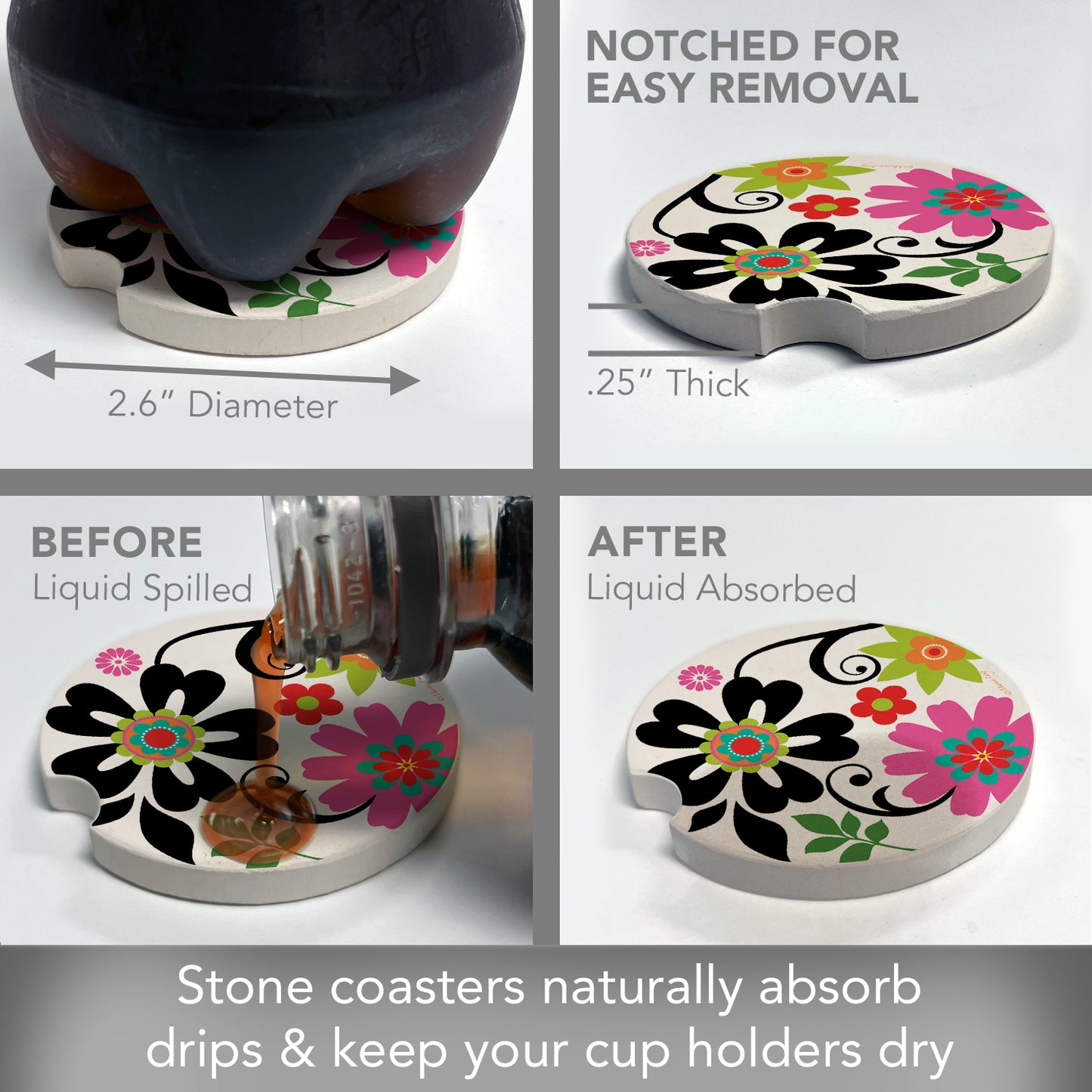 CounterArt Metro Bold Single Absorbent Stone Coaster for Vehicle Cup Holder 2.6” Diameter Manufactured in The USA