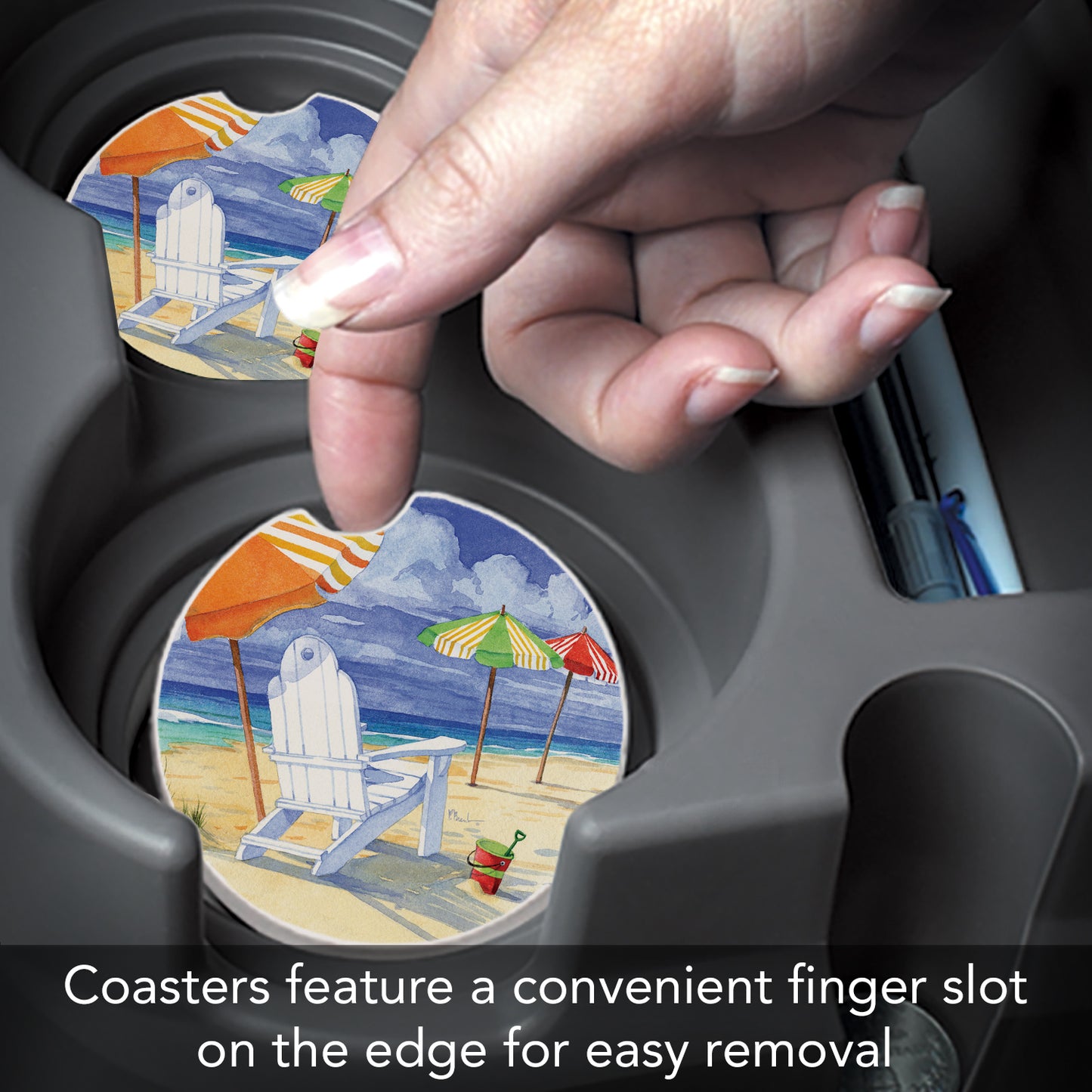 CounterArt Beach Umbrella Single Absorbnent Stone Coaster for Vehicle Cup Holder 2.6” Diameter Manufactured in The USA