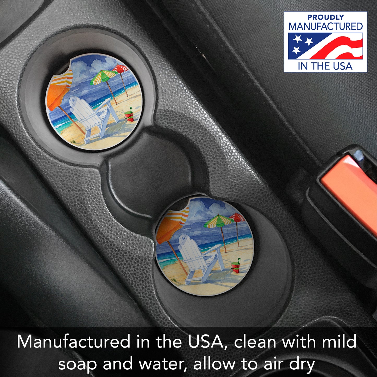 CounterArt Beach Umbrella Single Absorbnent Stone Coaster for Vehicle Cup Holder 2.6” Diameter Manufactured in The USA