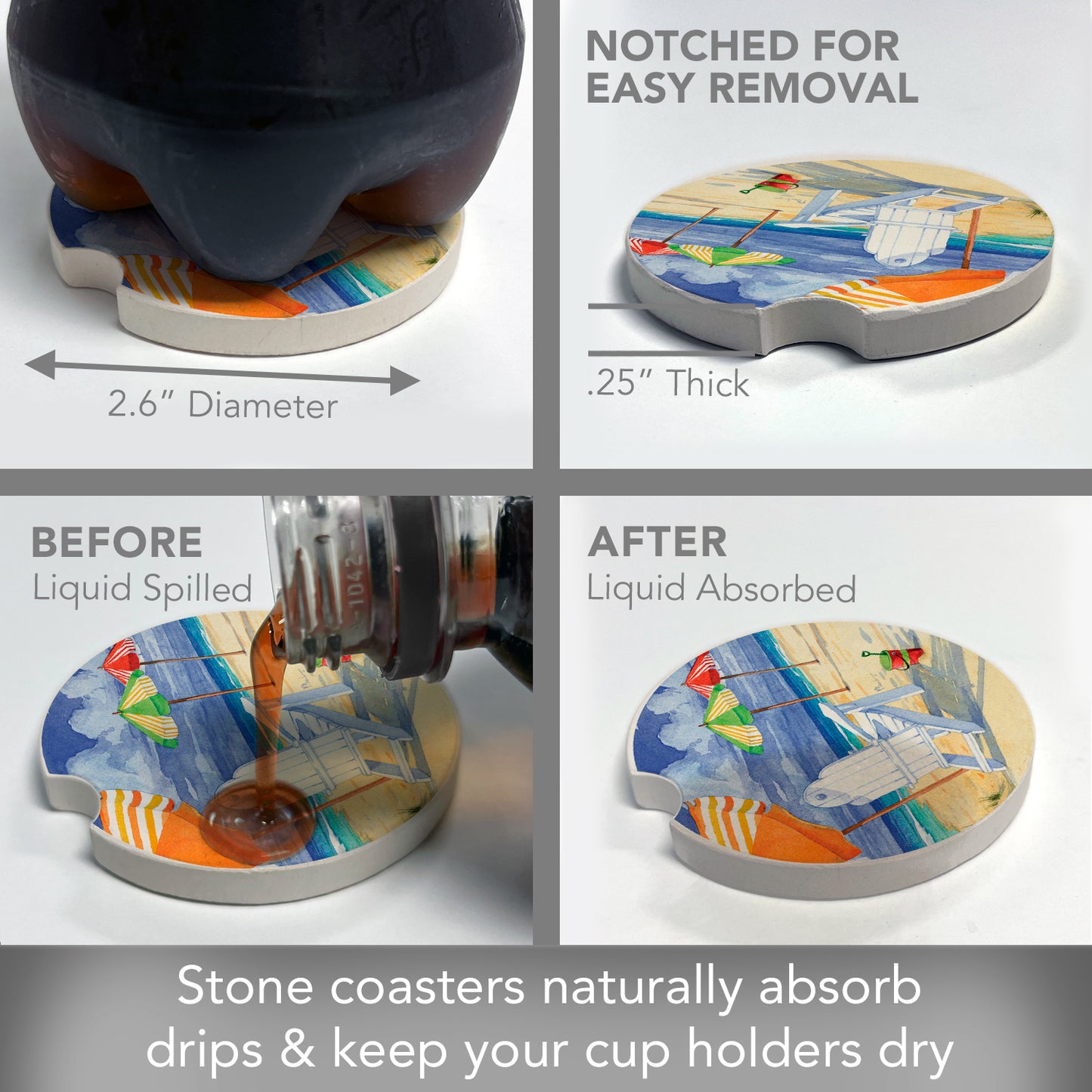 CounterArt Beach Umbrella Single Absorbnent Stone Coaster for Vehicle Cup Holder 2.6” Diameter Manufactured in The USA