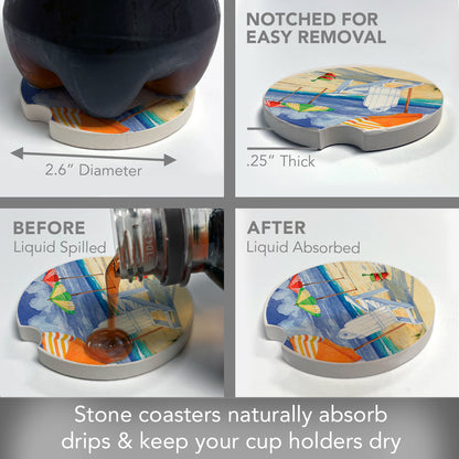 CounterArt Beach Umbrella Single Absorbnent Stone Coaster for Vehicle Cup Holder 2.6” Diameter Manufactured in The USA