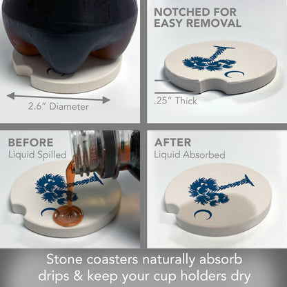 CounterArt Palmetto Blue Single Absorbnent Stone Coaster for Vehicle Cup Holder 2.6” Diameter Manufactured in The USA
