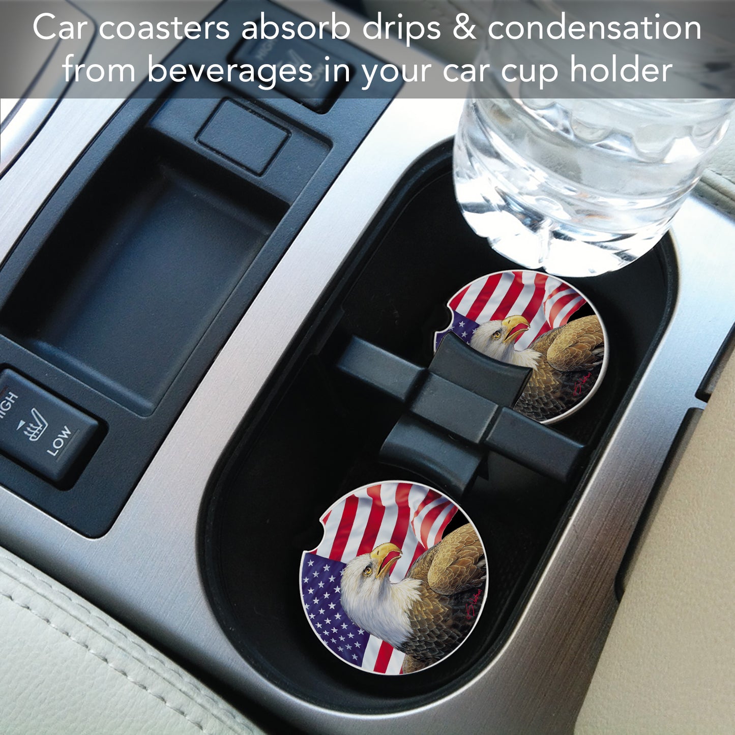 CounterArt Eagle & Flag Single Absorbnent Stone Coaster for Vehicle Cup Holder 2.6” Diameter Manufactured in The USA