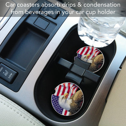 CounterArt Eagle & Flag Single Absorbnent Stone Coaster for Vehicle Cup Holder 2.6” Diameter Manufactured in The USA
