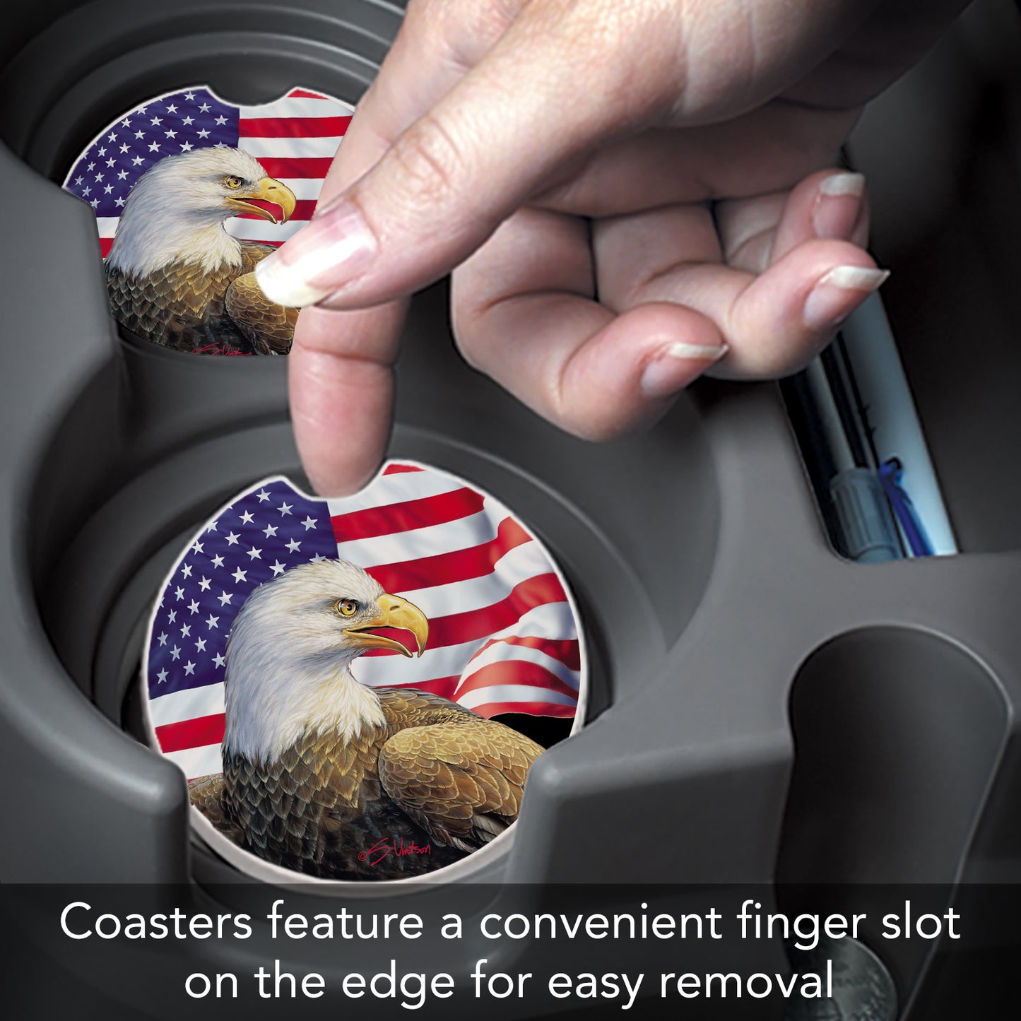 CounterArt Eagle & Flag Single Absorbnent Stone Coaster for Vehicle Cup Holder 2.6” Diameter Manufactured in The USA