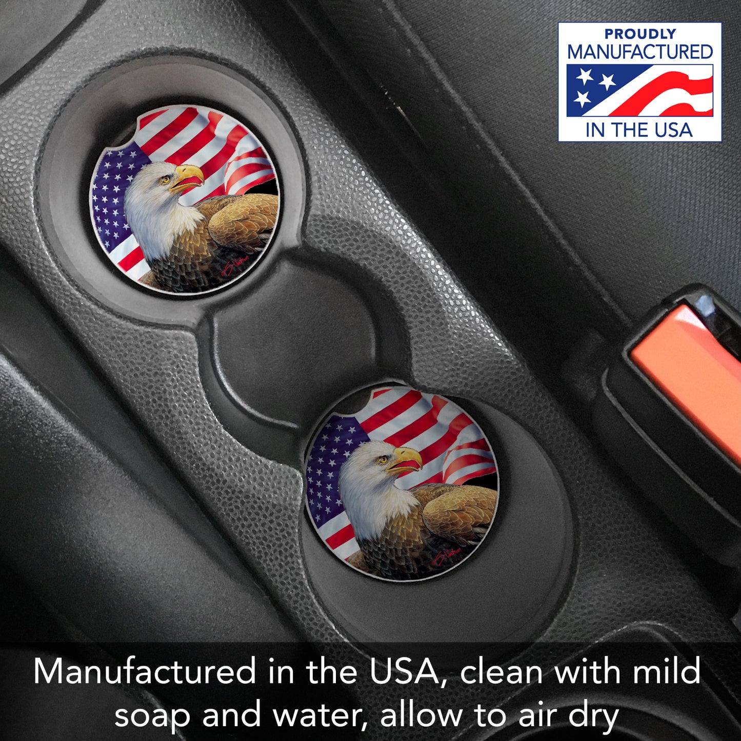 CounterArt Eagle & Flag Single Absorbnent Stone Coaster for Vehicle Cup Holder 2.6” Diameter Manufactured in The USA