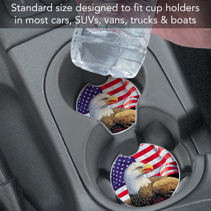 CounterArt Eagle & Flag Single Absorbnent Stone Coaster for Vehicle Cup Holder 2.6” Diameter Manufactured in The USA