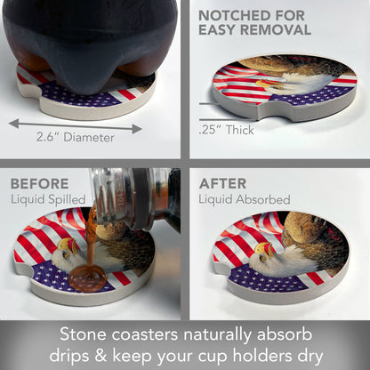 CounterArt Eagle & Flag Single Absorbnent Stone Coaster for Vehicle Cup Holder 2.6” Diameter Manufactured in The USA