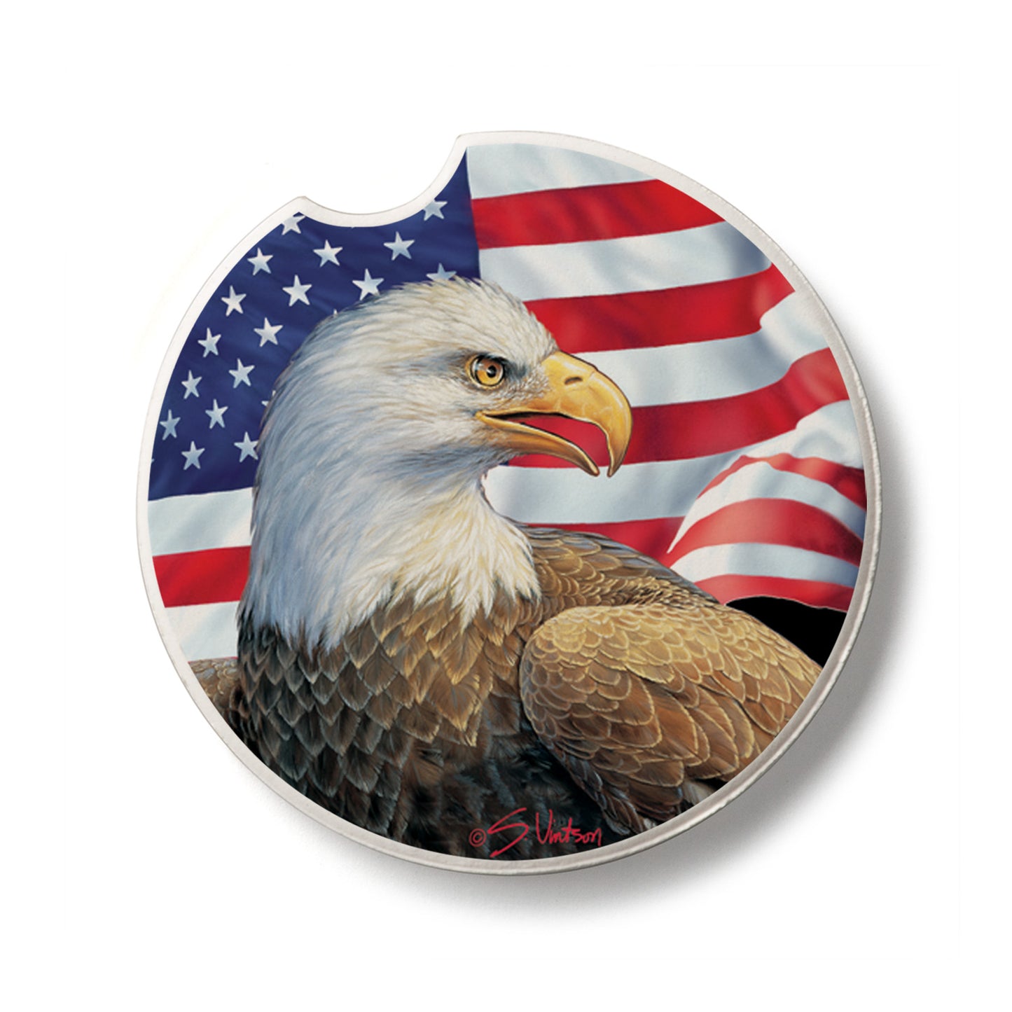 Eagle & Flag Single Absorbent Stone Car Coaster 2.6” Diameter Manufactured in the USA