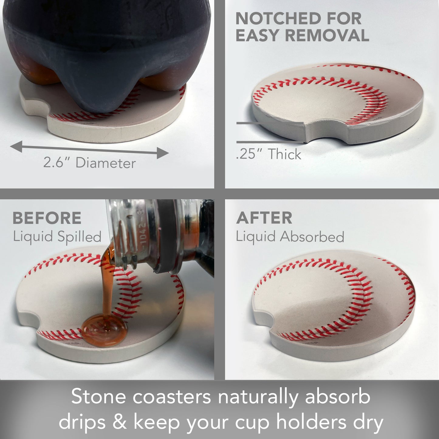 CounterArt Baseball Single Absorbent Stone Coaster for Vehicle Cup Holder 2.6” Diameter Manufactured in The USA