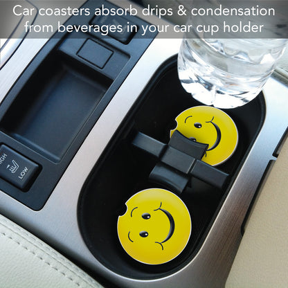 CounterArt Happy Face Single Absorbnent Stone Coaster for Vehicle Cup Holder 2.6” Diameter Manufactured in The USA