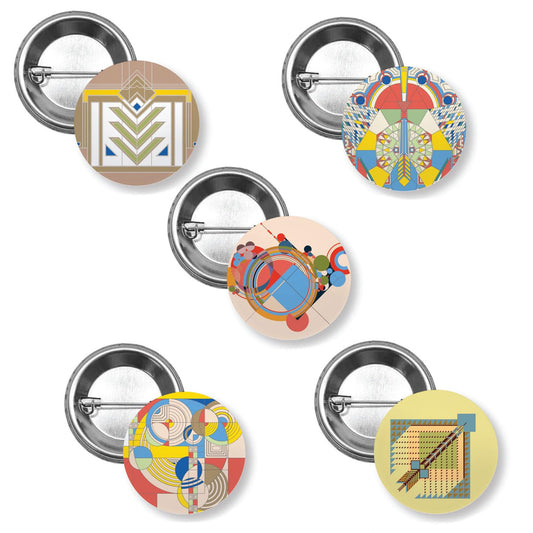 Rug Designs Decorative 5 Piece Button Collection by FLW 1.5” Diameter Manufactured in the USA Lapel Pin Brooch Badge Hat Pin