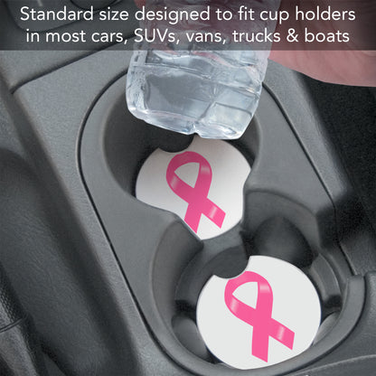 CounterArt Breast Cancer Ribbon Single Absorbnent Stone Coaster for Vehicle Cup Holder 2.6” Diameter Manufactured in The USA