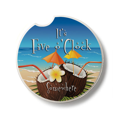 Five O'Clock Coconut Single Absorbent Stone Car Coaster 2.6” Diameter Manufactured in the USA
