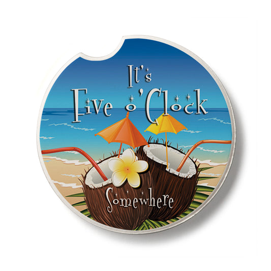 Five O'Clock Coconut Single Absorbent Stone Car Coaster 2.6” Diameter Manufactured in the USA