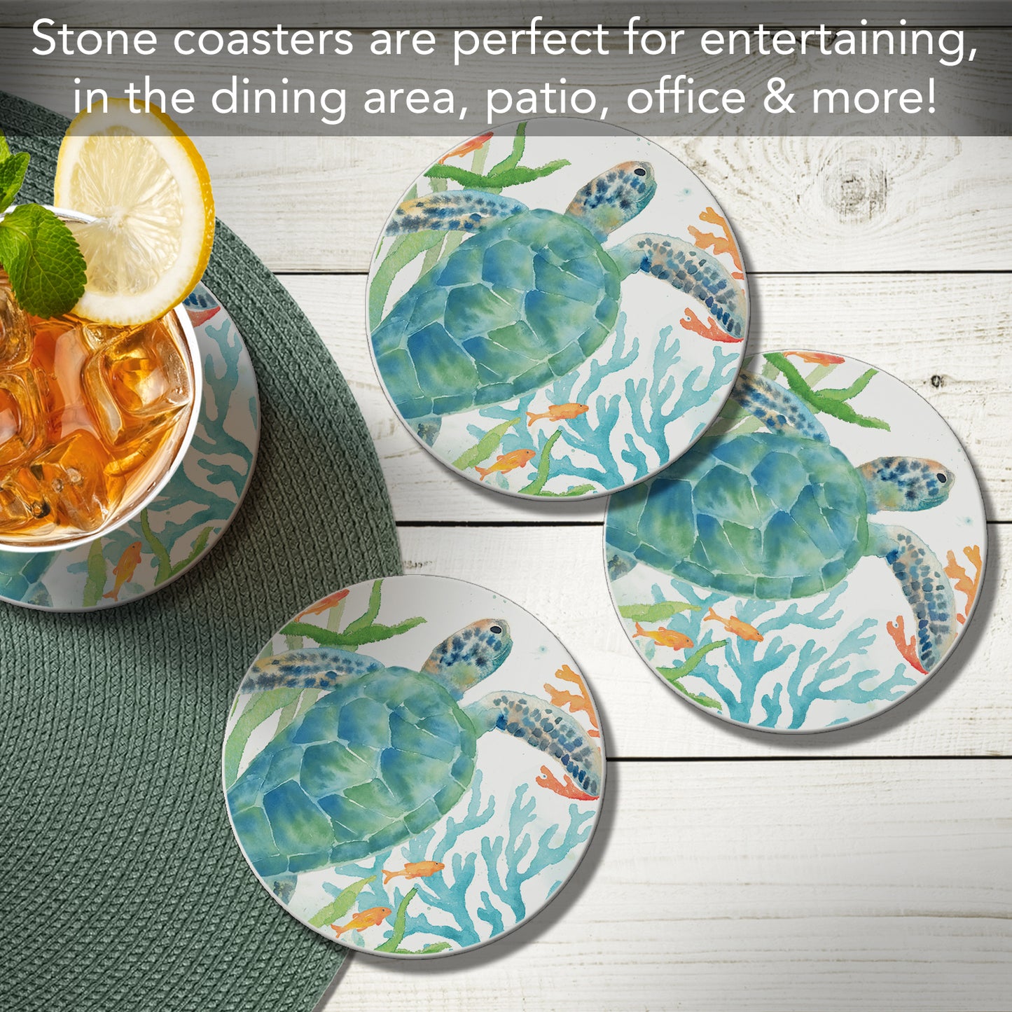 Thirstystone Sea Life Serenade 4 Pack Absorbent Stone Coasters 4" Diameter Manufactured in the USA
