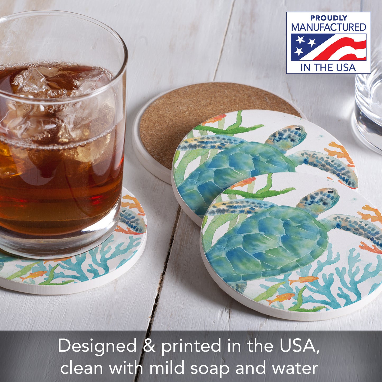 Thirstystone Sea Life Serenade 4 Pack Absorbent Stone Coasters 4" Diameter Manufactured in the USA