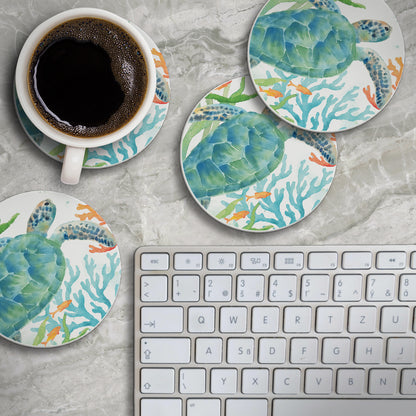 Thirstystone Sea Life Serenade 4 Pack Absorbent Stone Coasters 4" Diameter Manufactured in the USA