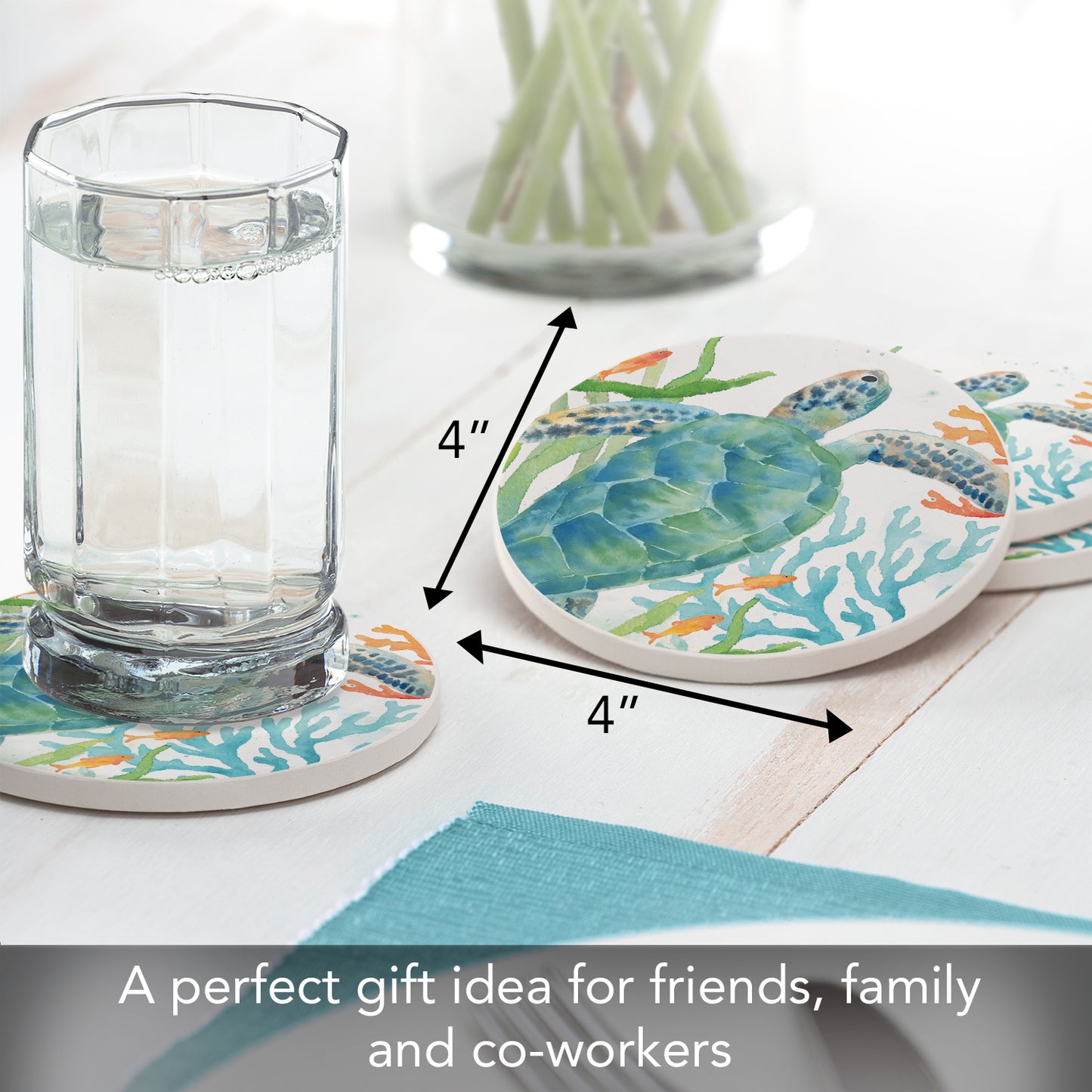 Thirstystone Sea Life Serenade 4 Pack Absorbent Stone Coasters 4" Diameter Manufactured in the USA