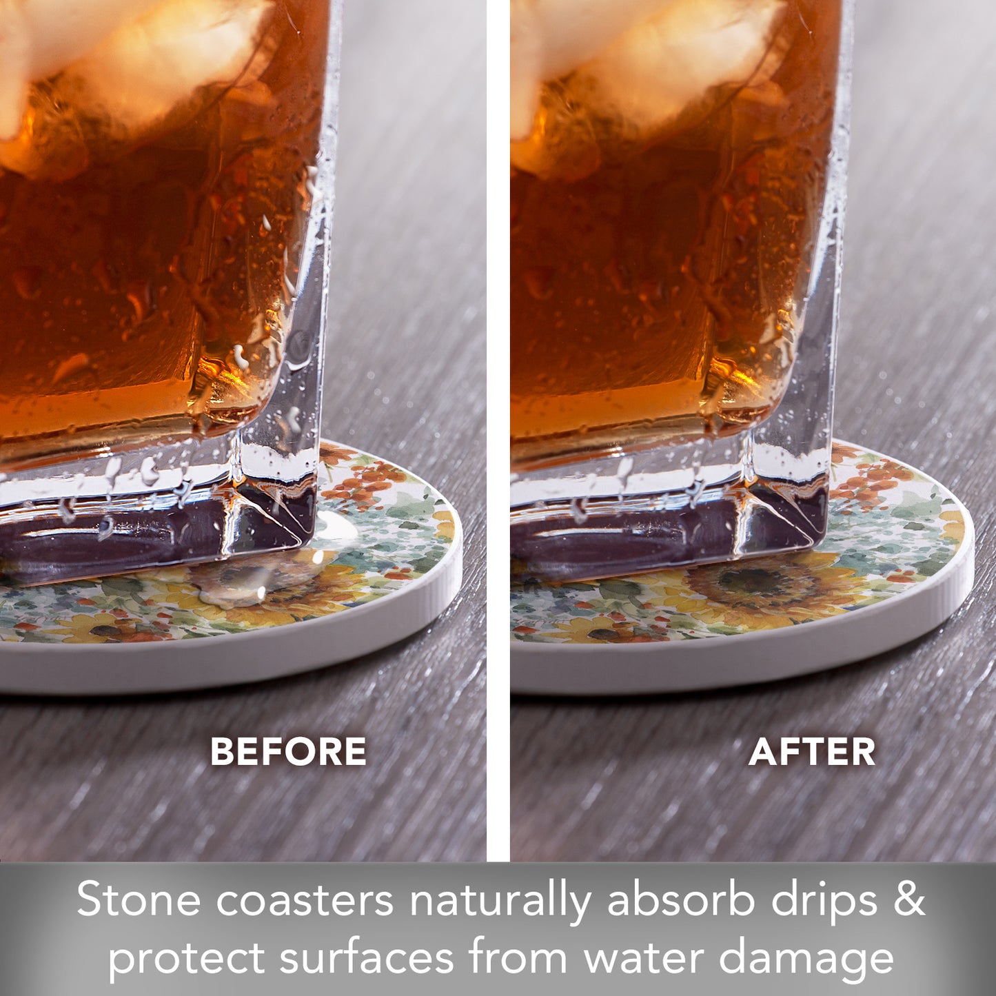 Thirstystone Sunflowers Forever 4 Pack Round Absorbent Stone Coasters 4" Diameter Manufactured in the USA