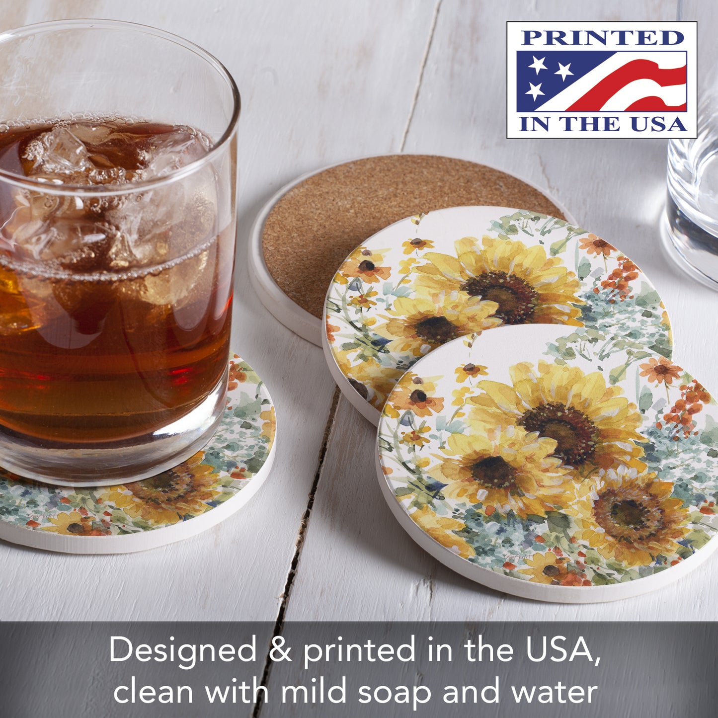 Thirstystone Sunflowers Forever 4 Pack Round Absorbent Stone Coasters 4" Diameter Manufactured in the USA