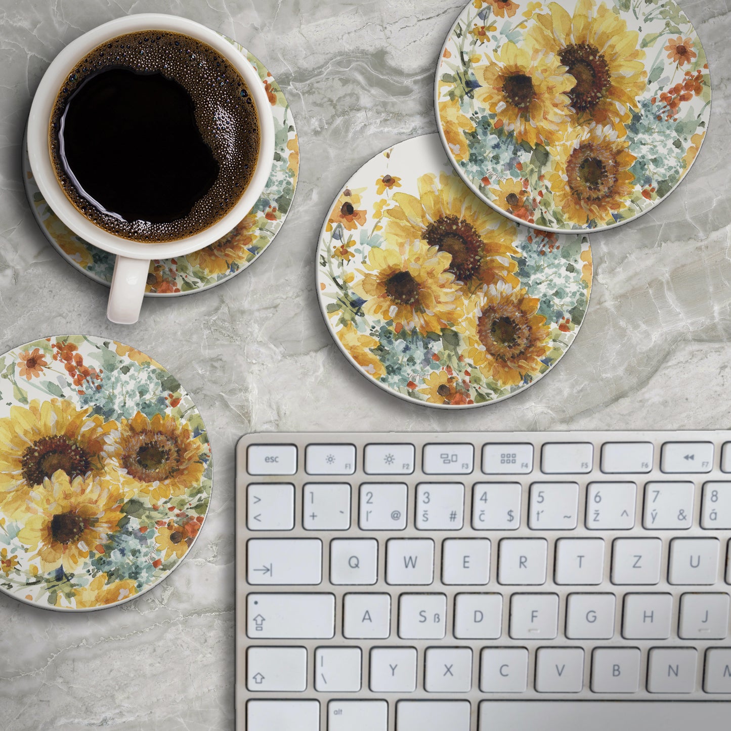 Thirstystone Sunflowers Forever 4 Pack Round Absorbent Stone Coasters 4" Diameter Manufactured in the USA