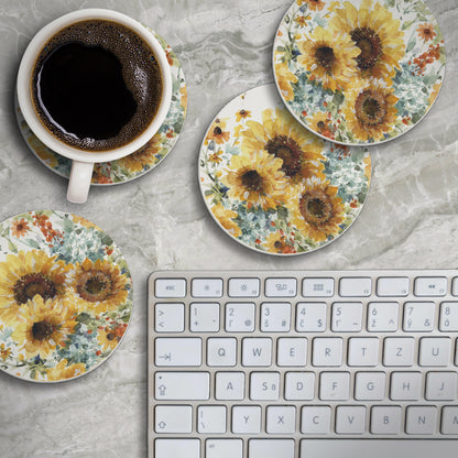 Thirstystone Sunflowers Forever 4 Pack Round Absorbent Stone Coasters 4" Diameter Manufactured in the USA