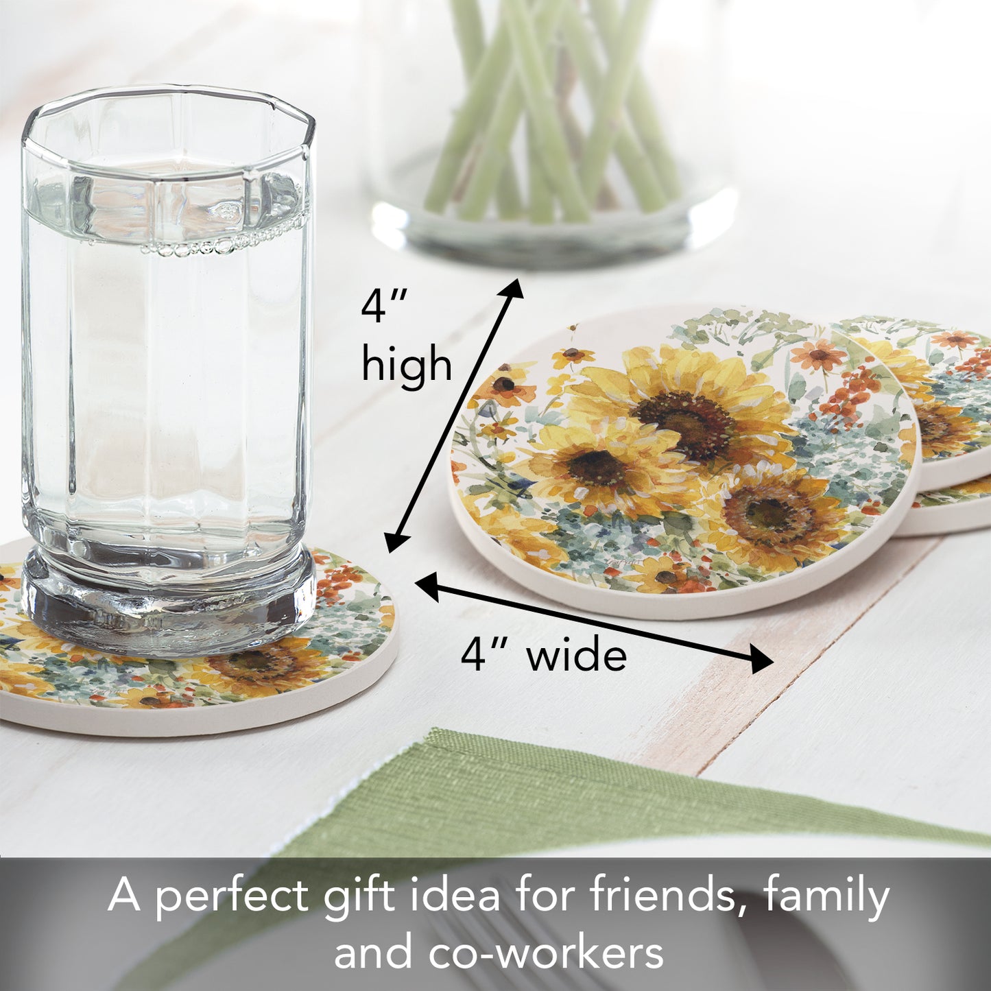 Thirstystone Sunflowers Forever 4 Pack Round Absorbent Stone Coasters 4" Diameter Manufactured in the USA