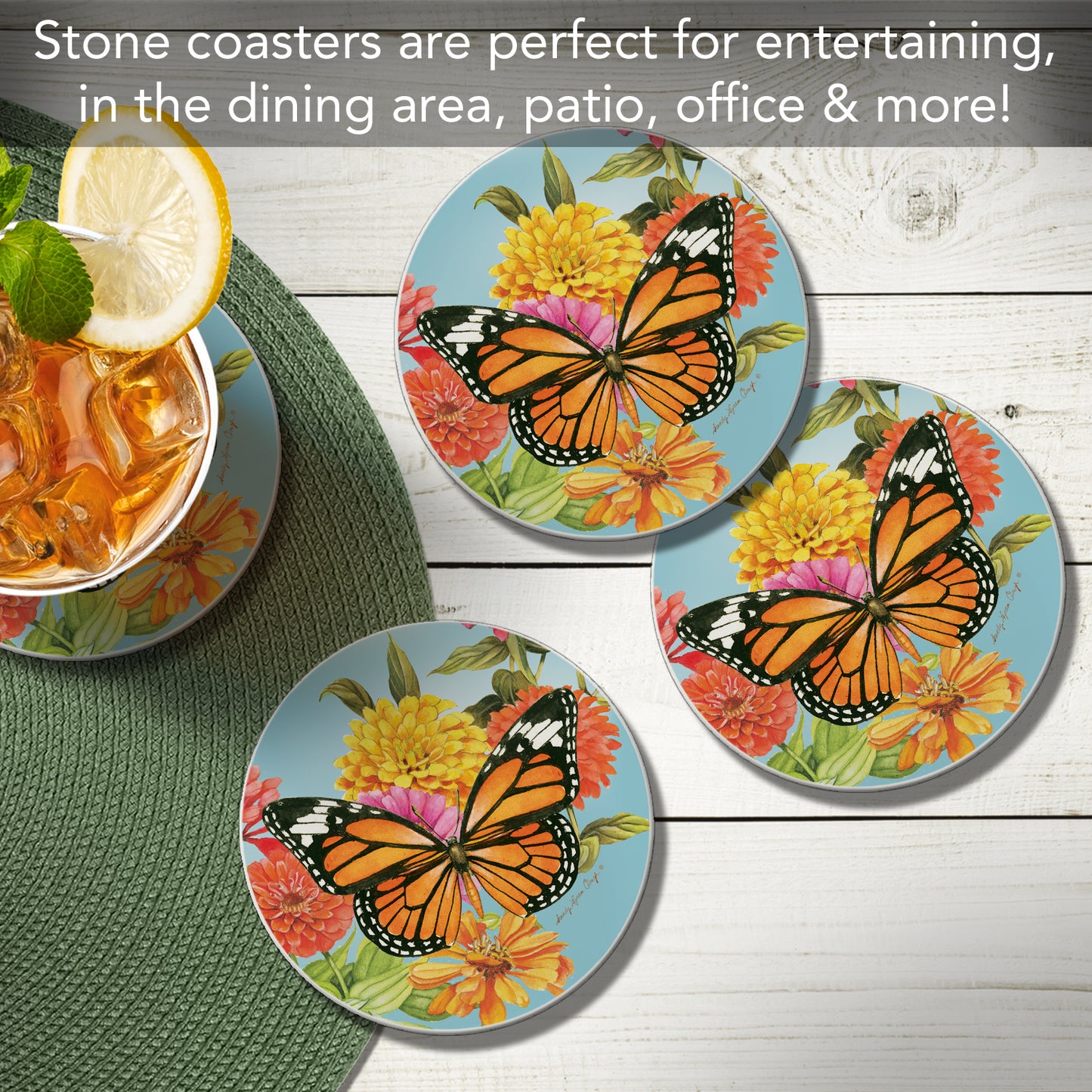 Thirstystone Monarch Butterfly 4 Pack Round Absorbent Stone Coasters 4" Diameter Manufactured in the USA