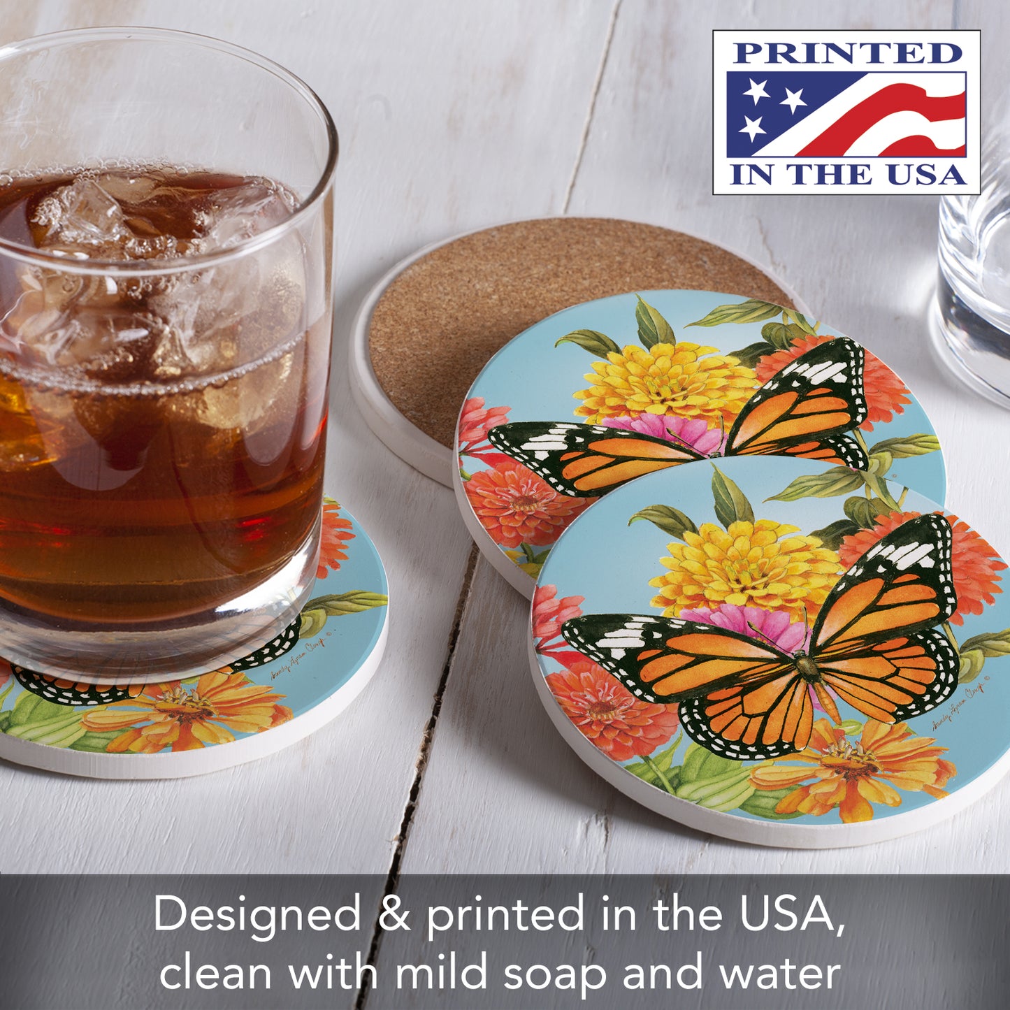Thirstystone Monarch Butterfly 4 Pack Round Absorbent Stone Coasters 4" Diameter Manufactured in the USA