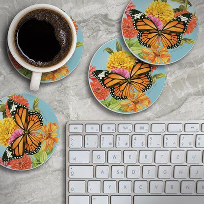 Thirstystone Monarch Butterfly 4 Pack Round Absorbent Stone Coasters 4" Diameter Manufactured in the USA