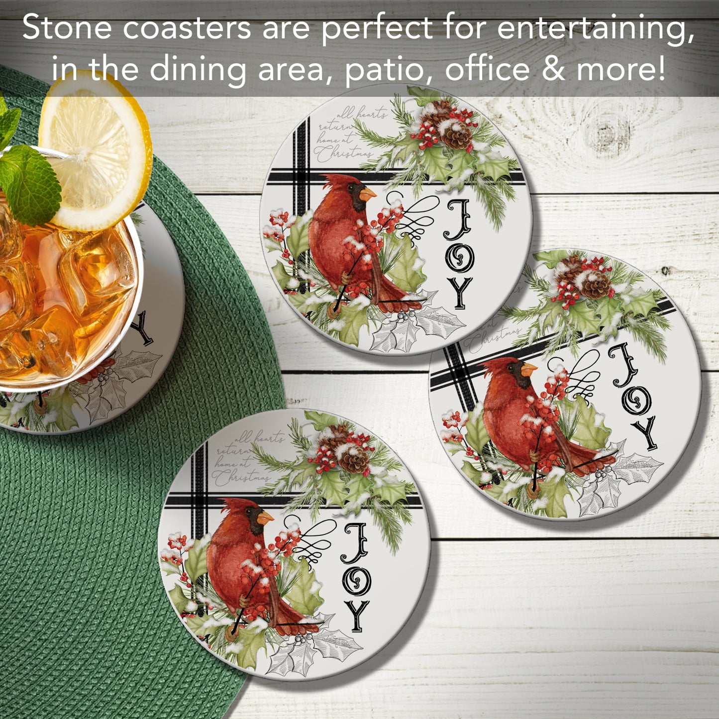 Thirstystone Cardinal Plaid 4 Pack Round Absorbent Stone Coasters 4" Diameter