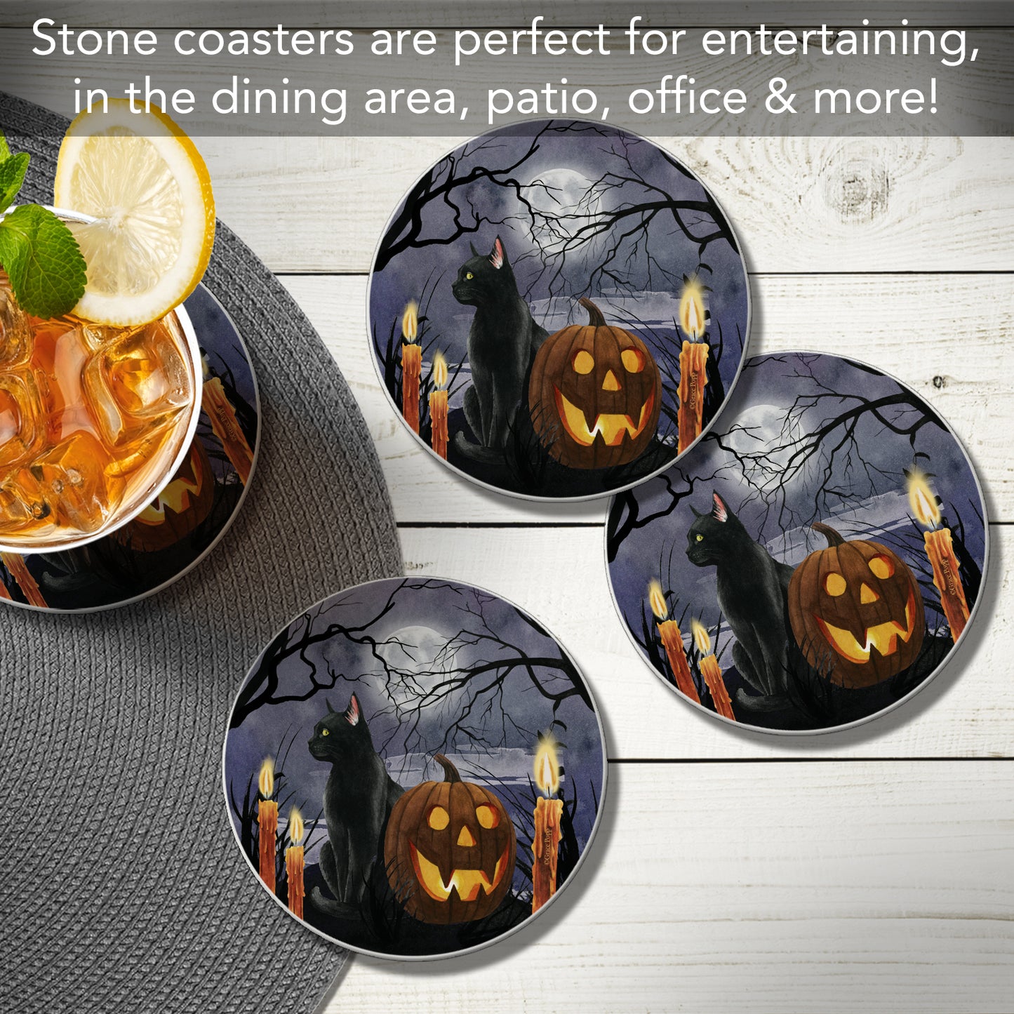 Thirstystone Midnight Magic Halloween 4 Pack Round Absorbent Stone Coasters 4" Diameter