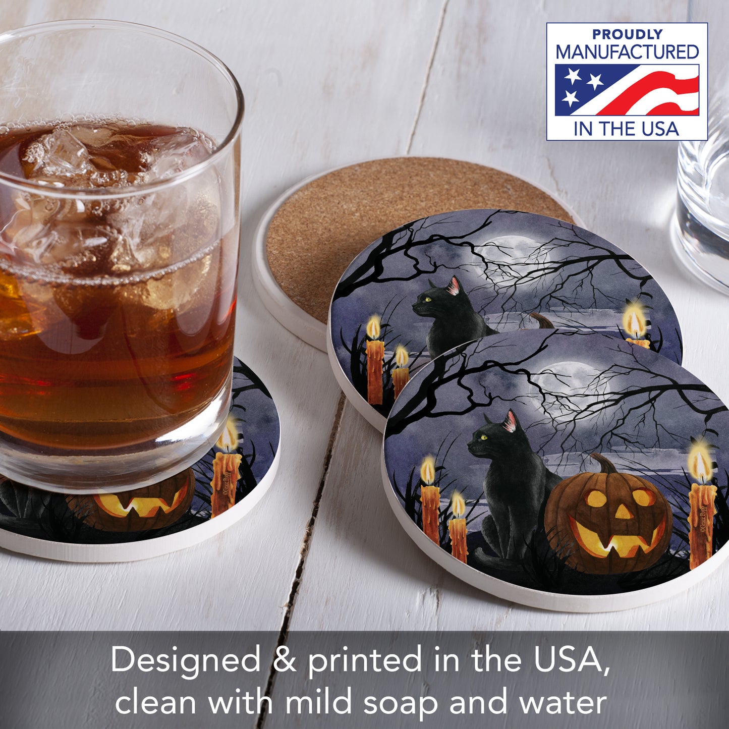 Thirstystone Midnight Magic Halloween 4 Pack Round Absorbent Stone Coasters 4" Diameter
