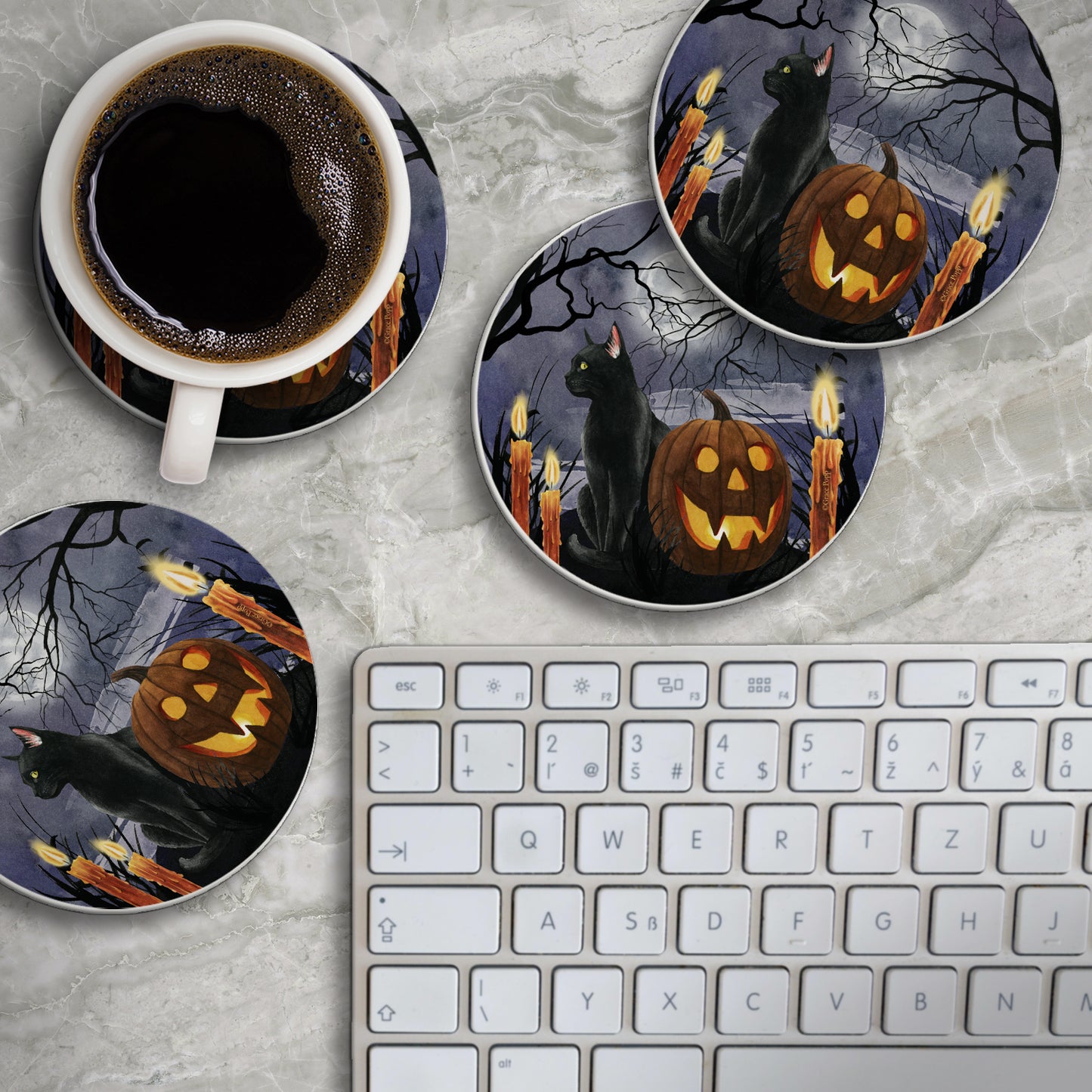 Thirstystone Midnight Magic Halloween 4 Pack Round Absorbent Stone Coasters 4" Diameter