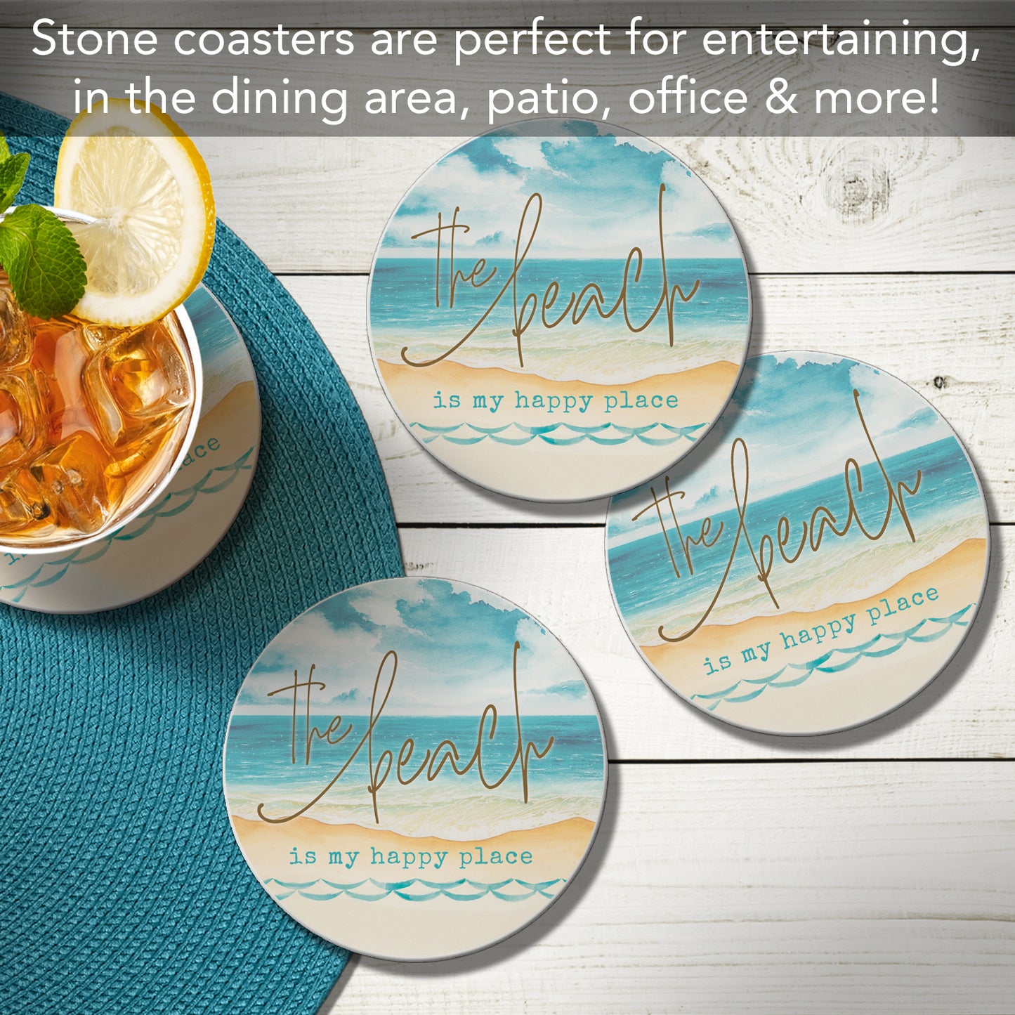 Thirstystone Beach Happy Place 4 Pack Round Absorbent Stone Coasters 4" Diameter Manufactured in the USA