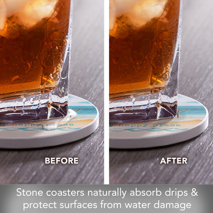 Thirstystone Beach Happy Place 4 Pack Round Absorbent Stone Coasters 4" Diameter Manufactured in the USA