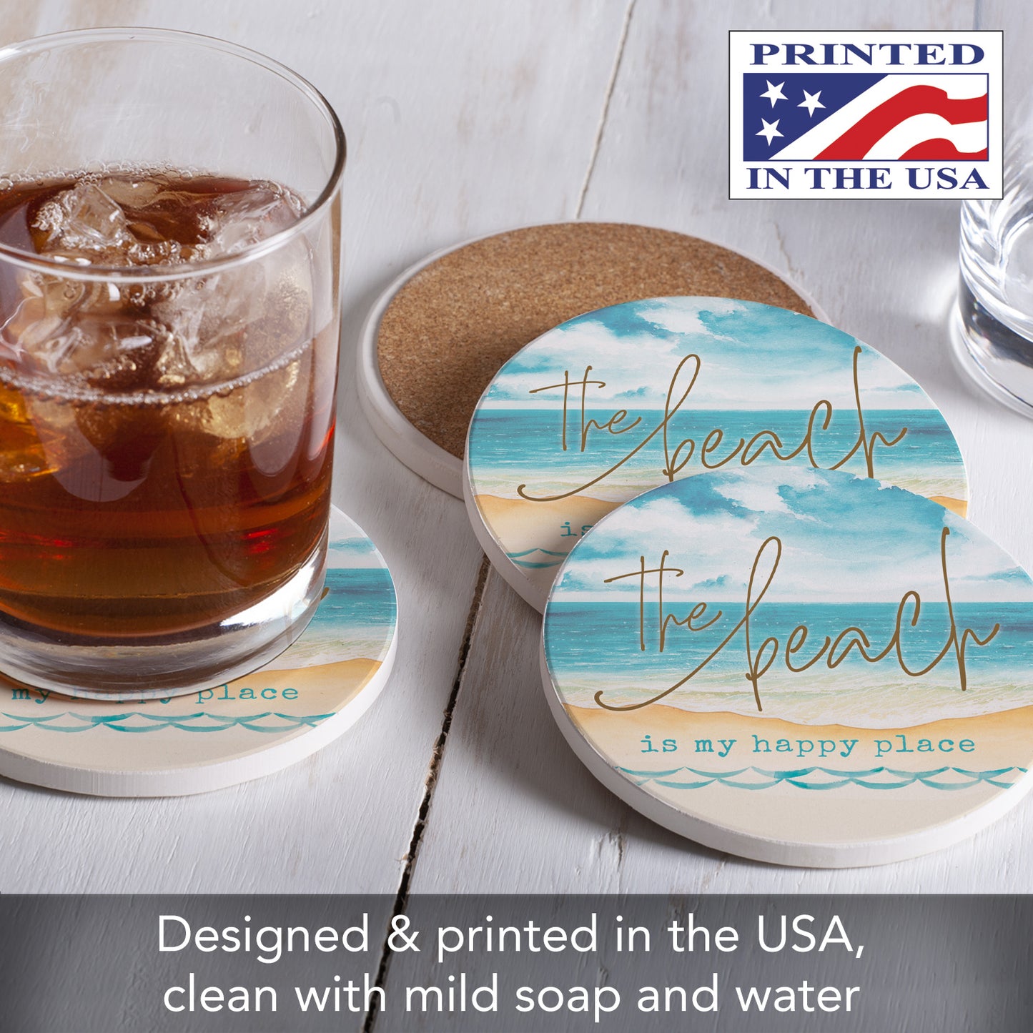 Thirstystone Beach Happy Place 4 Pack Round Absorbent Stone Coasters 4" Diameter Manufactured in the USA
