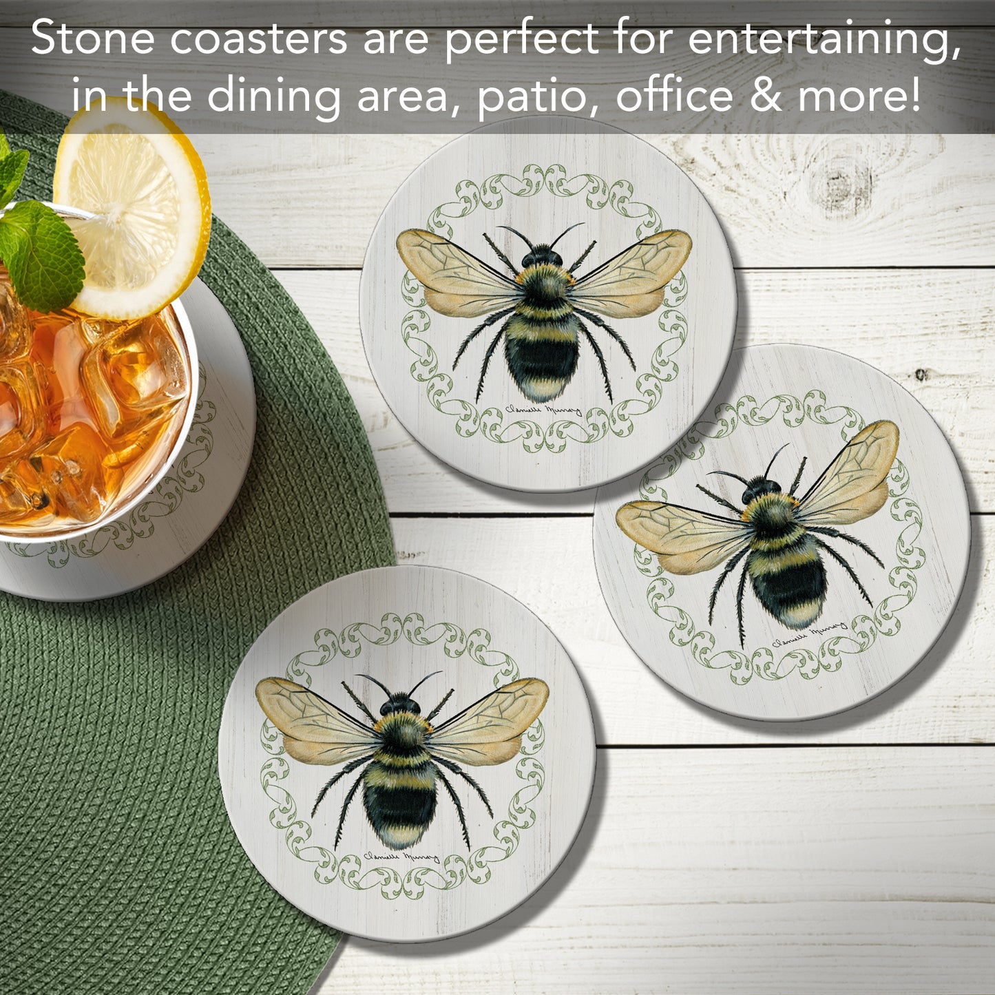Thirstystone Summer Buzz 4 Pack Round Absorbent Stone Coasters 4" Diameter Manufactured in the USA