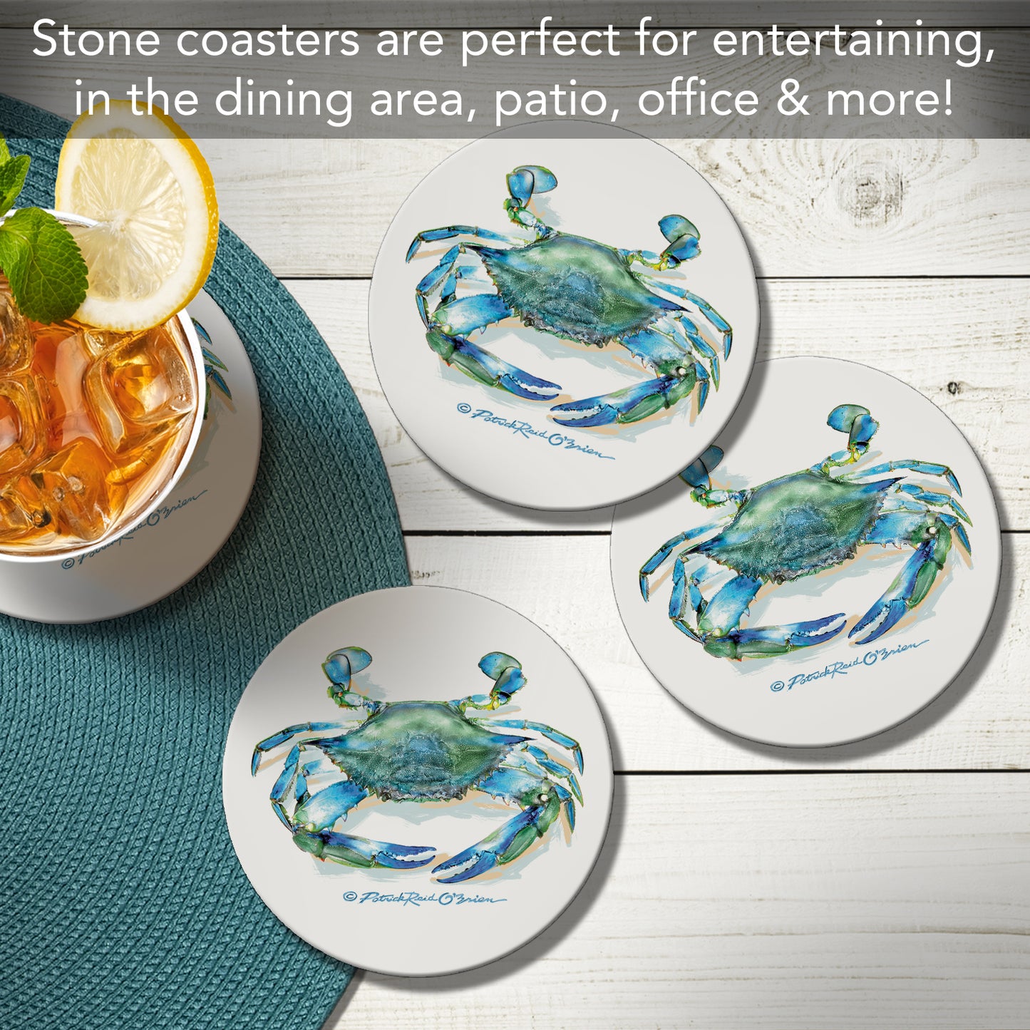 Thirstystone Teal Crab 4-Pack Round Absorbent Stone Coasters 4" Diameter